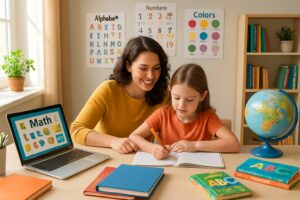 A parent and child working together at a study table with books and a tablet in a bright home learning space.