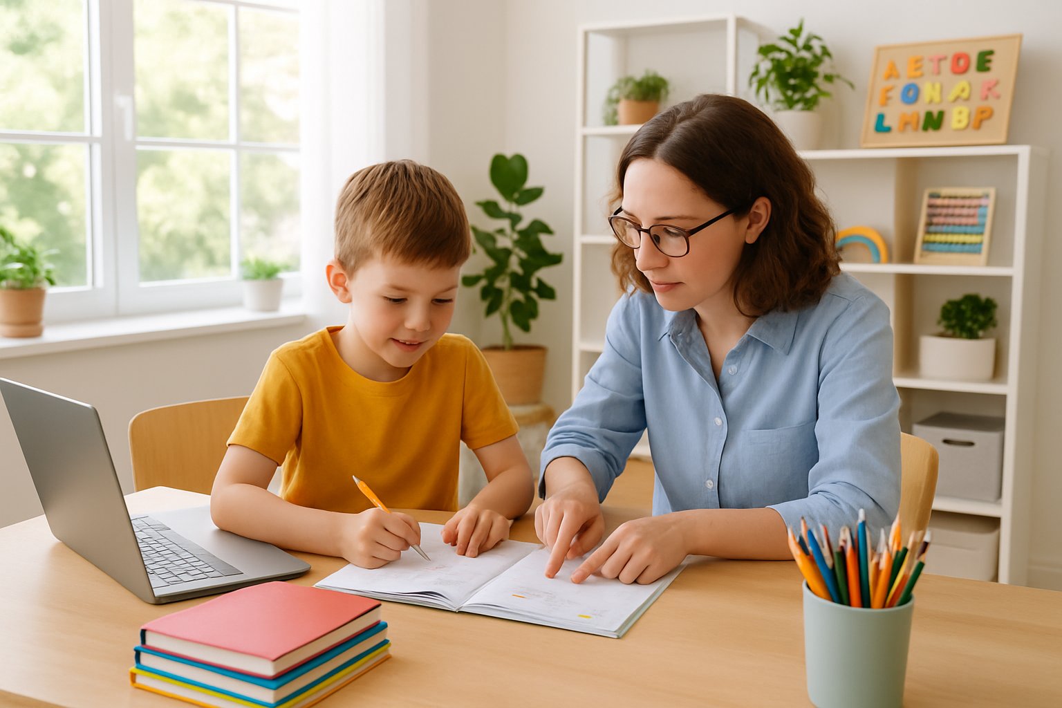 A child and an adult working together at a desk in a bright, organized homeschool room with books, a laptop, and educational materials.