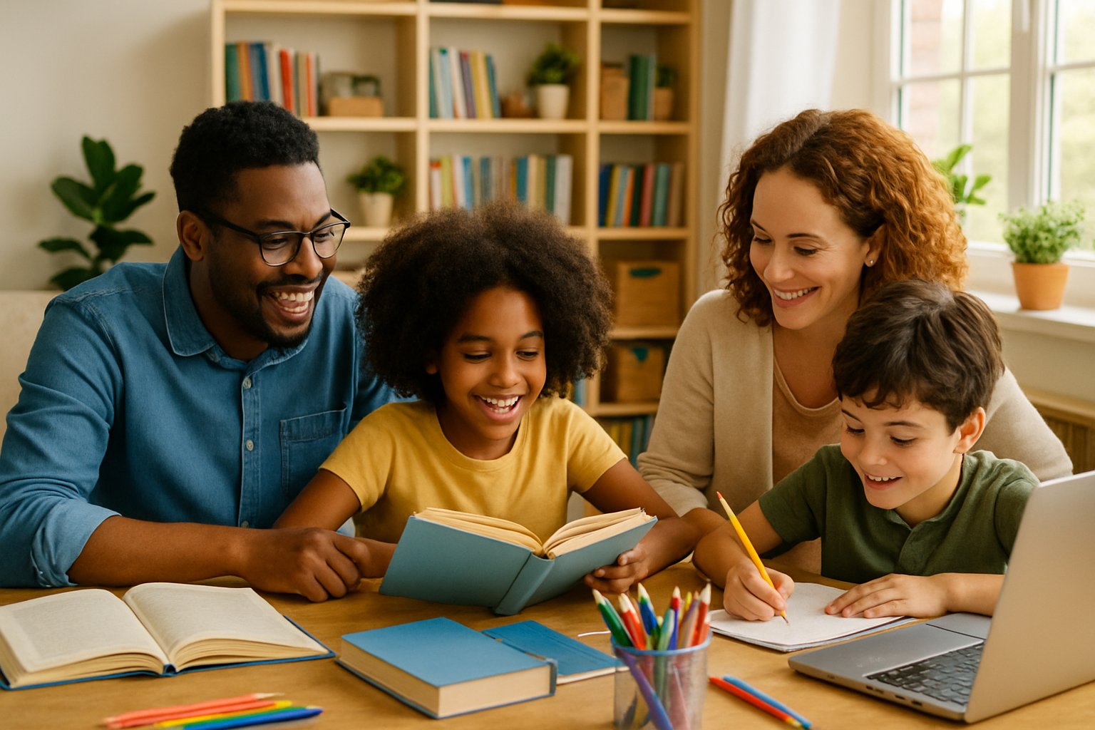 A family of four gathered around a table with books and a laptop, engaged in homeschooling activities in a bright room.