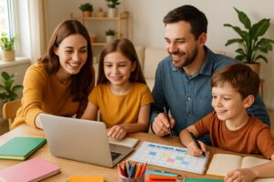 A family of four sitting at a table in their home, working together with notebooks, a laptop, and educational materials to plan their homeschool schedule.