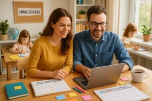 A family working together at a table with planners and a laptop, while a child reads nearby in a bright home setting.