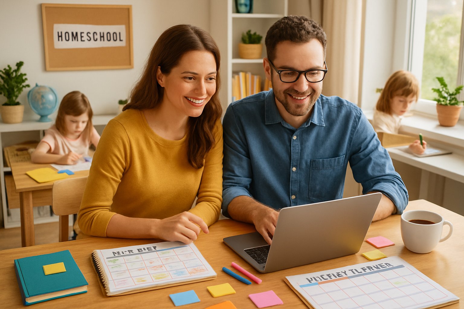 A family working together at a table with planners and a laptop, while a child reads nearby in a bright home setting.