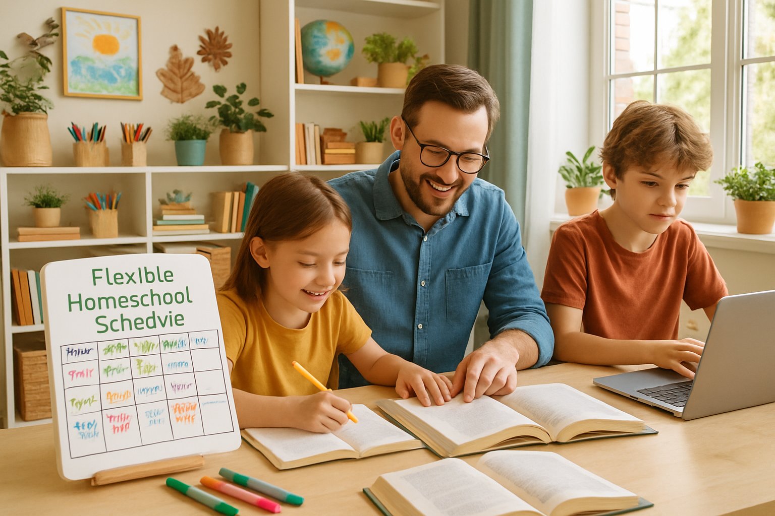 A parent and two children studying together at a table with books and a laptop, with a calendar showing planned activities in a bright home learning space.