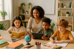 Children and an adult engaged in learning activities around a table filled with educational materials in a bright home classroom.