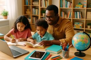 A family homeschooling together at a table with books, tablets, and educational materials in a bright room.