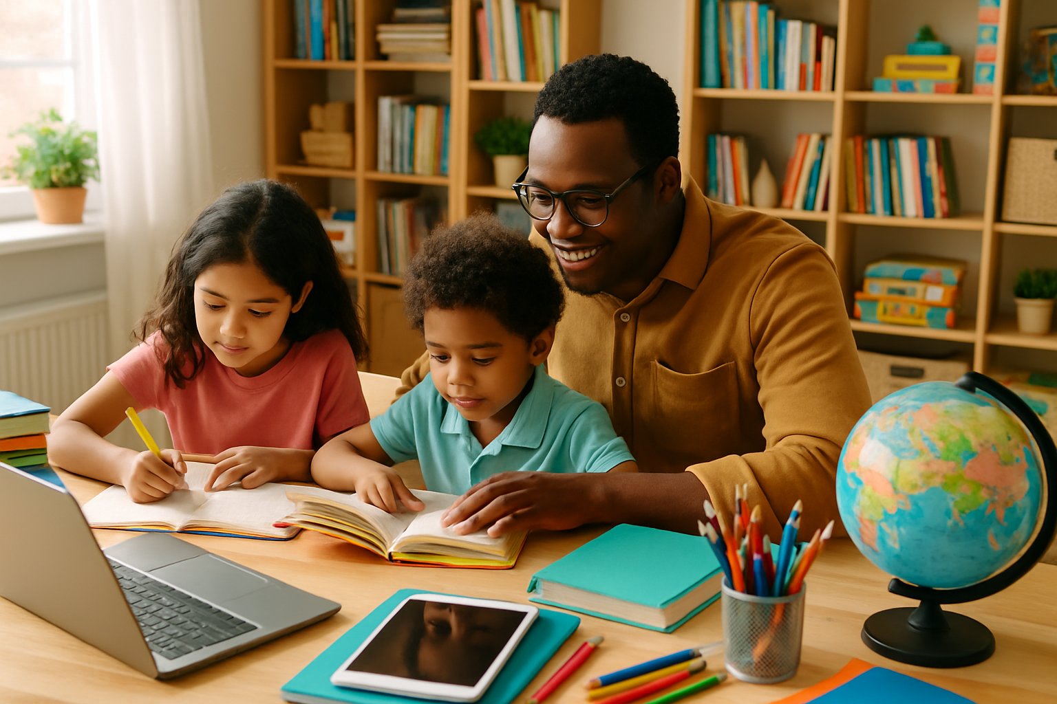 A family homeschooling together at a table with books, tablets, and educational materials in a bright room.