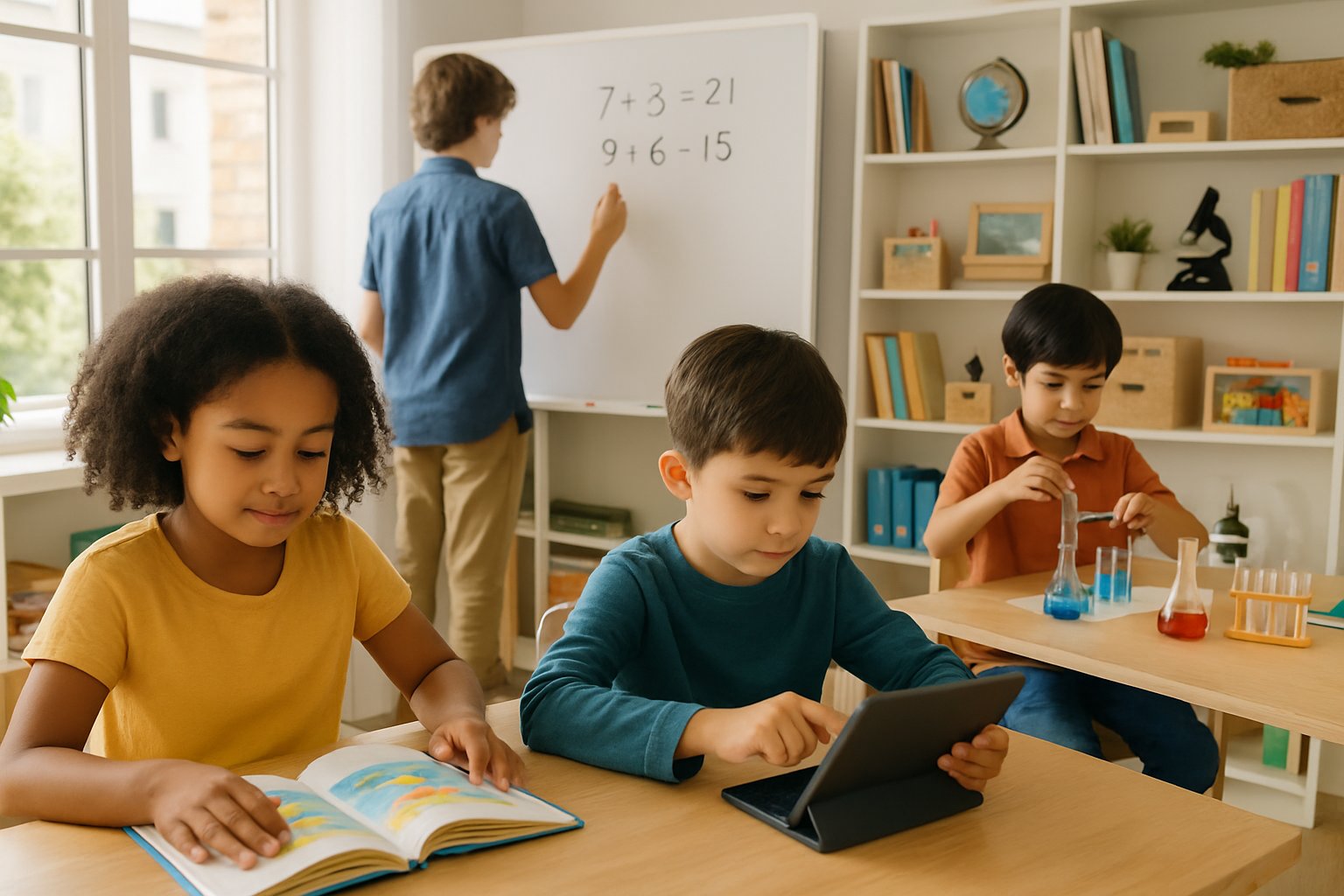 Children of different ages engaged in various learning activities in a bright homeschooling space with books, tablets, and educational materials.