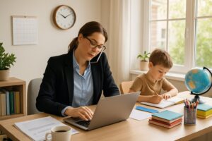 A parent working at a desk on a laptop while a child studies nearby with books and school supplies in a bright home office.