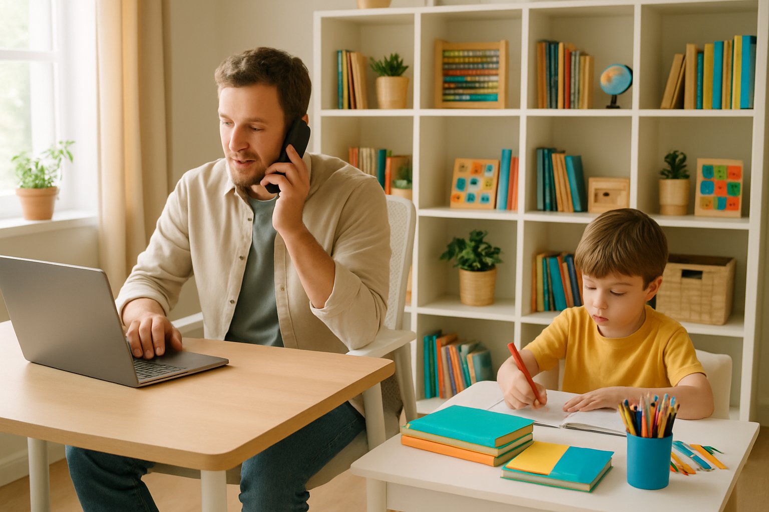 A parent working on a laptop at a desk while a child studies with books and pencils at a nearby table in a bright home learning space.