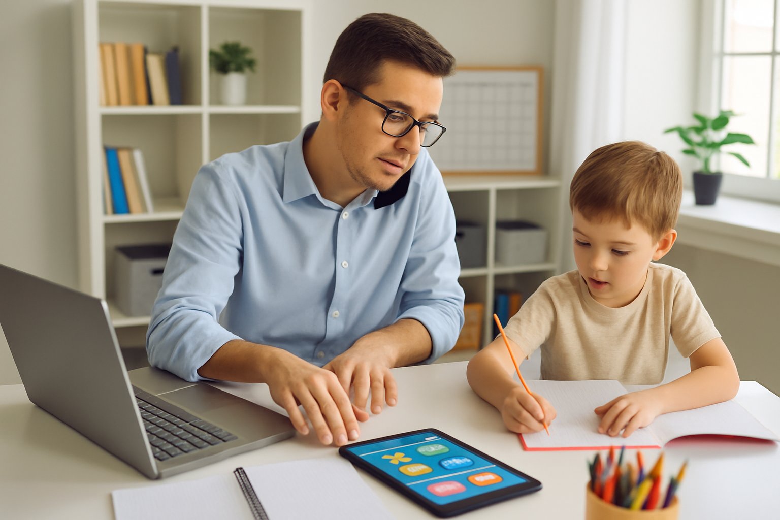 A parent working on a laptop at a home desk while a child nearby is engaged in homeschooling activities.