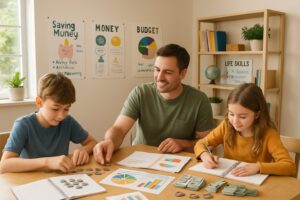 A parent teaching two children about money management at a table with play money and notebooks in a bright homeschool classroom.