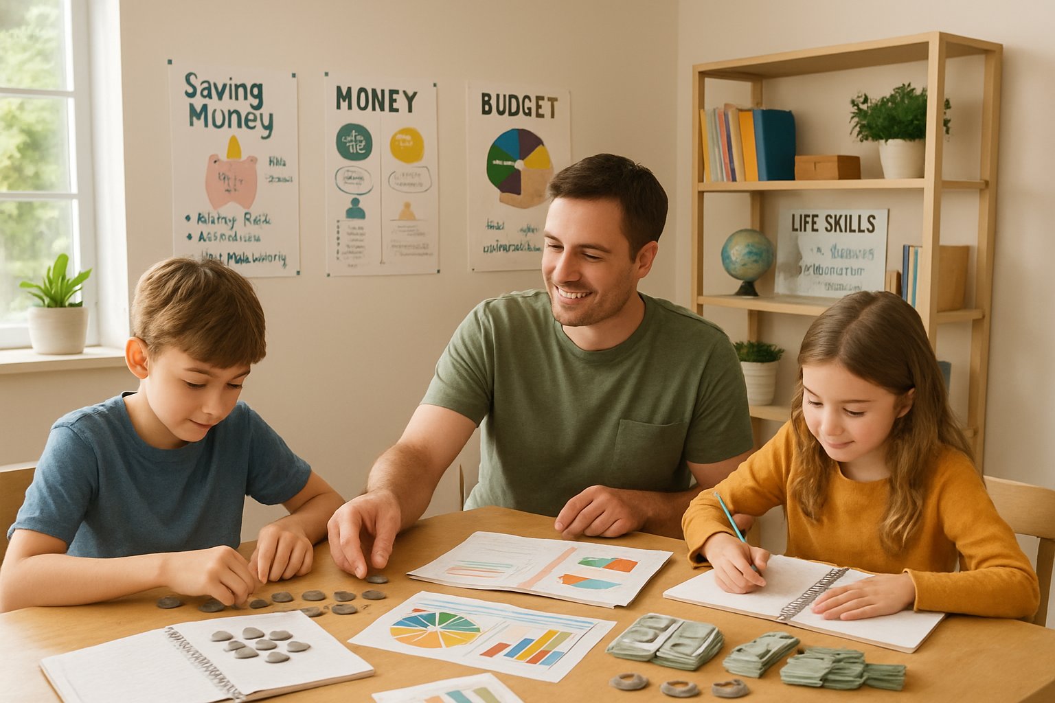 A parent teaching two children about money management at a table with play money and notebooks in a bright homeschool classroom.
