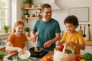 A parent and two children working together in a kitchen, cooking and cleaning as part of a household learning activity.