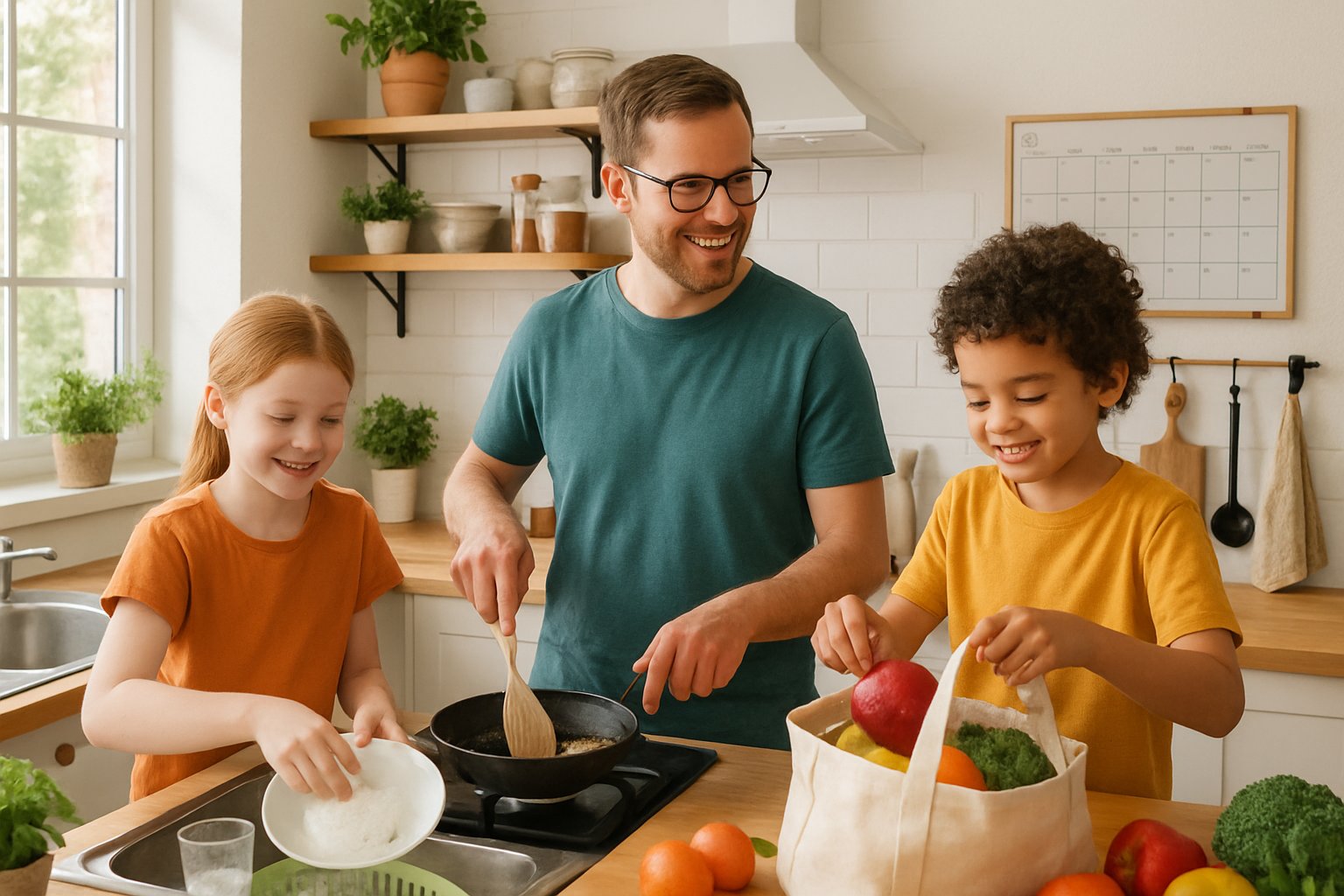 A parent and two children working together in a kitchen, cooking and cleaning as part of a household learning activity.