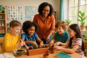 Children and an adult working together on a life skills project around a table in a bright homeschool classroom.