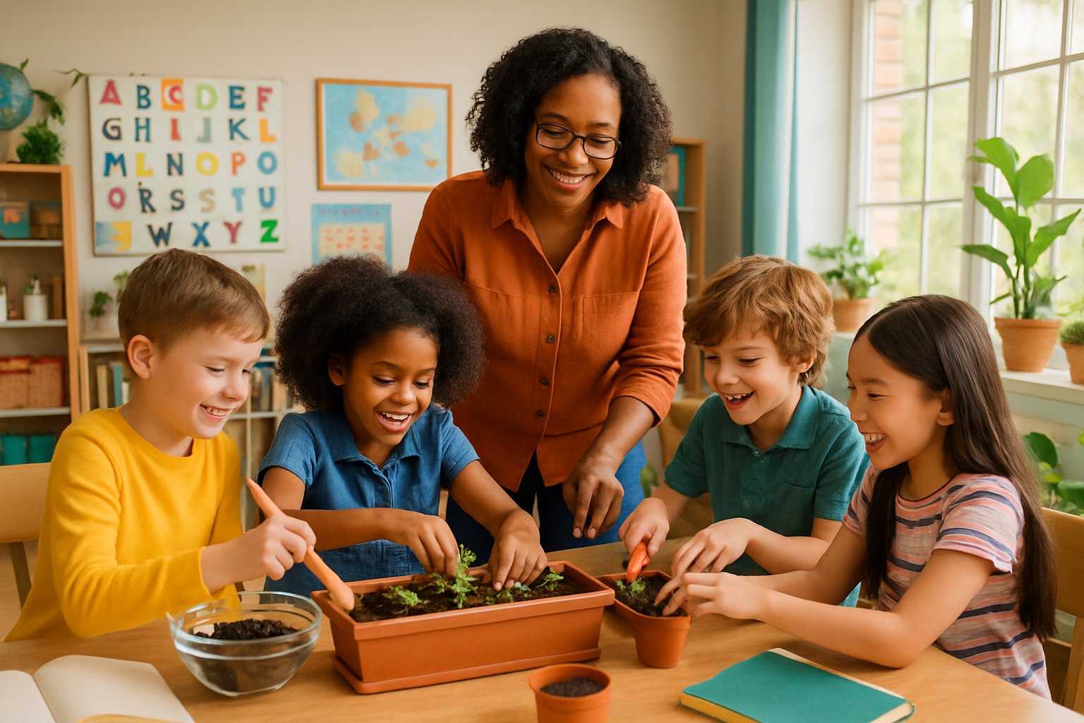 Children and an adult working together on a life skills project around a table in a bright homeschool classroom.