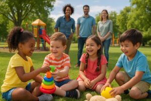 A group of children playing and interacting together outdoors in a park while adults watch nearby.