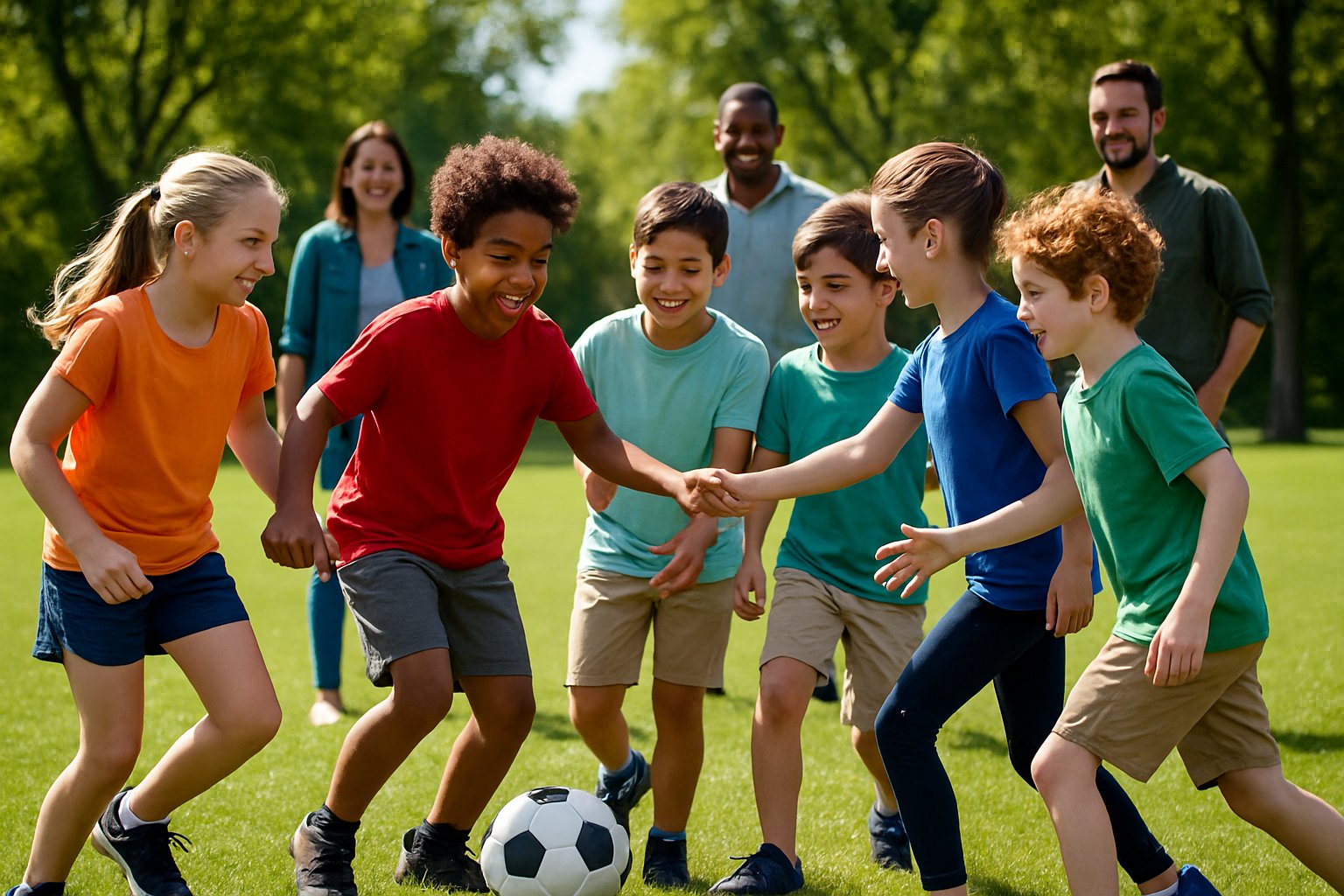 A group of children playing soccer together outdoors, smiling and working as a team on a grassy field.