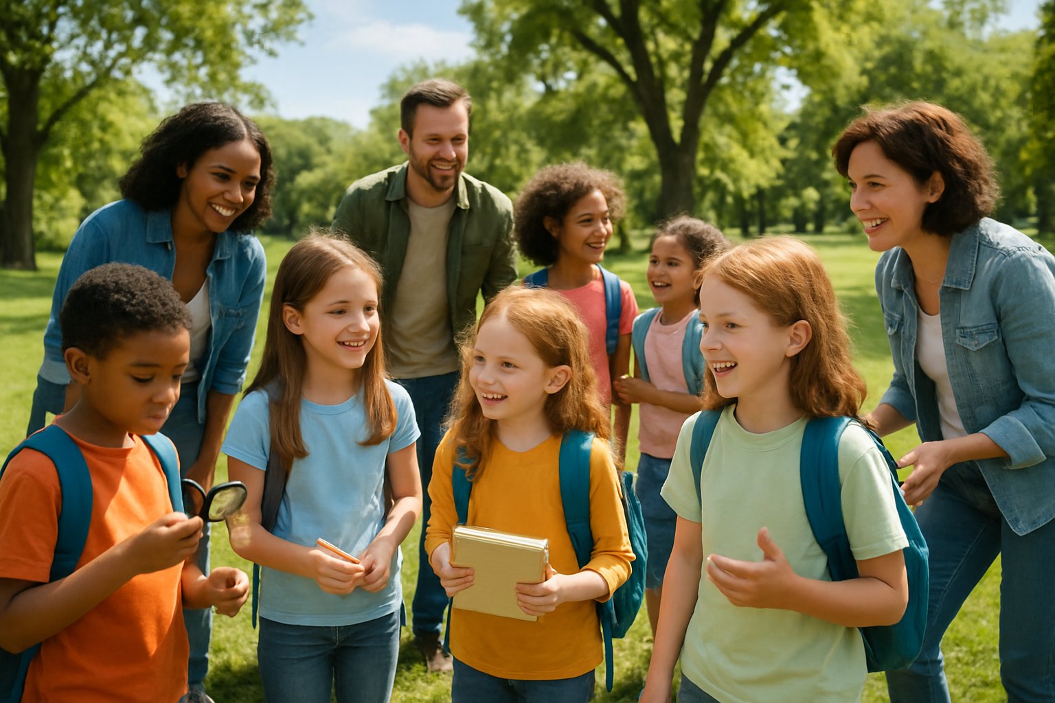 A group of children and adults enjoying an outdoor educational field trip in a park, engaging in activities and socializing together.