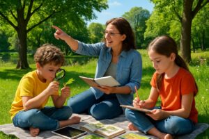 A parent and two children learning outdoors in a park with trees and a pond, examining leaves and taking notes on a picnic blanket.