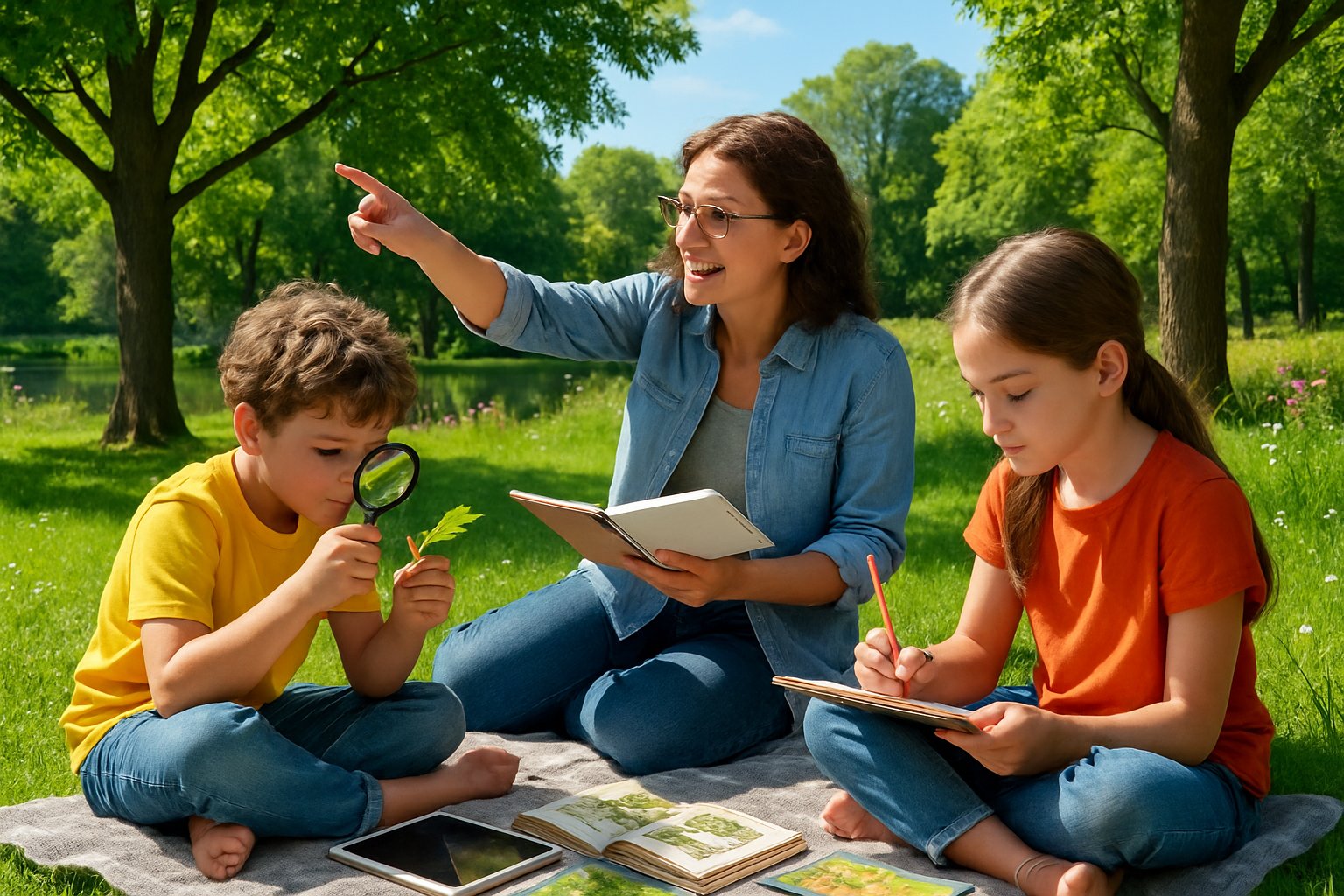 A parent and two children learning outdoors in a park with trees and a pond, examining leaves and taking notes on a picnic blanket.