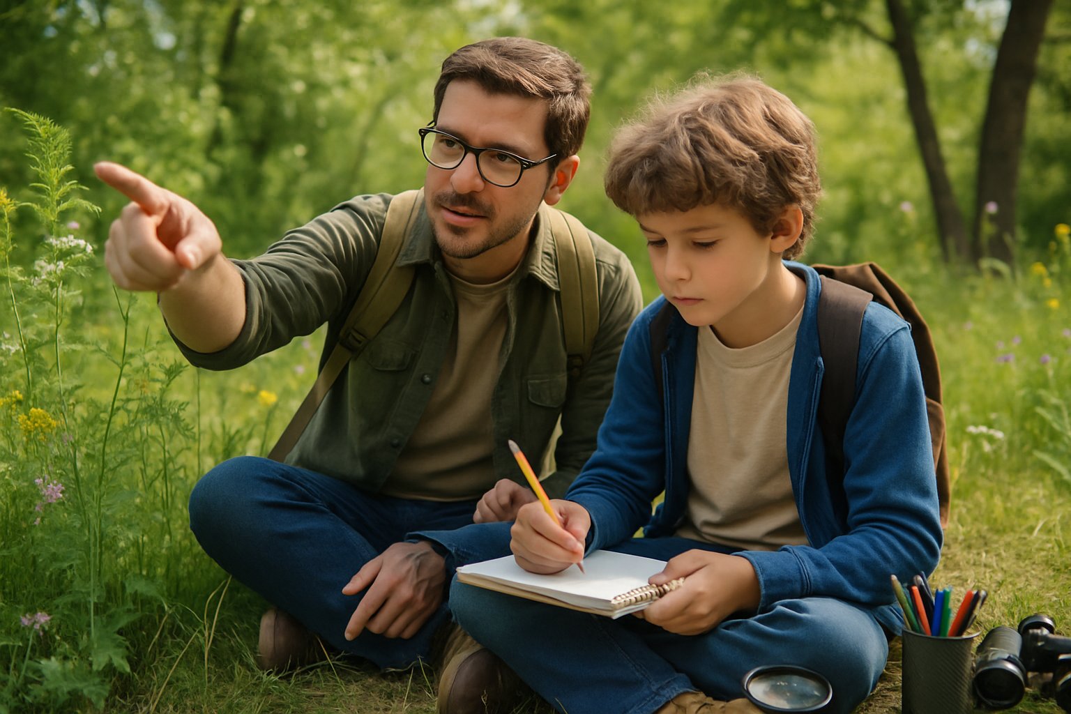 A parent and child sitting outdoors in a grassy area surrounded by trees and plants, observing nature and writing in a notebook.