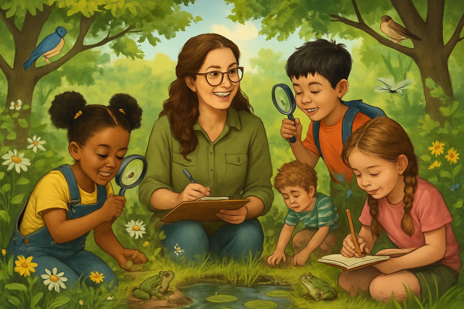 Children and a teacher exploring a forest ecosystem, observing plants and insects during an outdoor homeschool lesson.