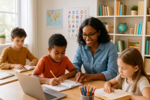 A parent teaching multiple children at a table in a bright, organized homeschooling room with books, educational materials, and natural light.