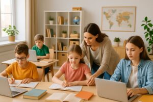 A home learning space with multiple children studying at desks and a parent assisting one child.
