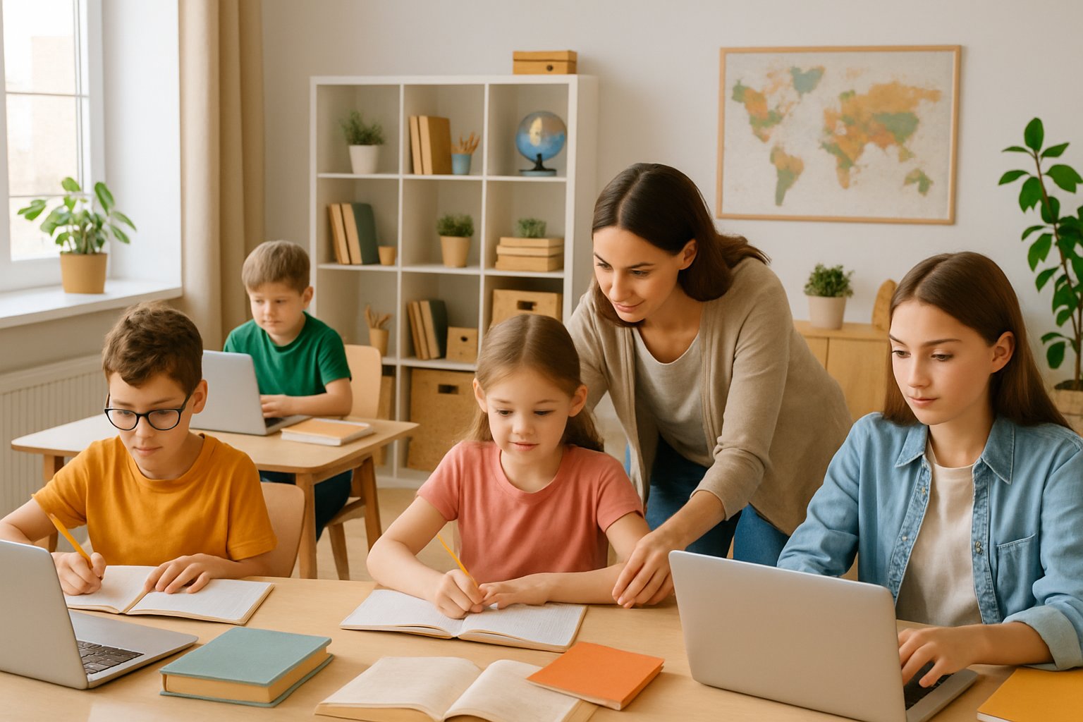 A home learning space with multiple children studying at desks and a parent assisting one child.