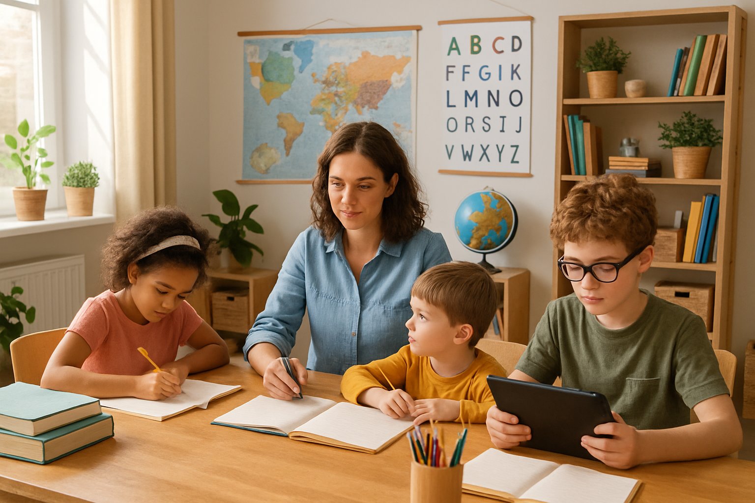 A parent teaching one child while two other children work independently at a table in a bright homeschooling room.