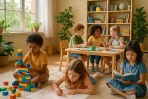 Children engaged in various creative and learning activities in a bright, welcoming room filled with books, toys, and natural light.