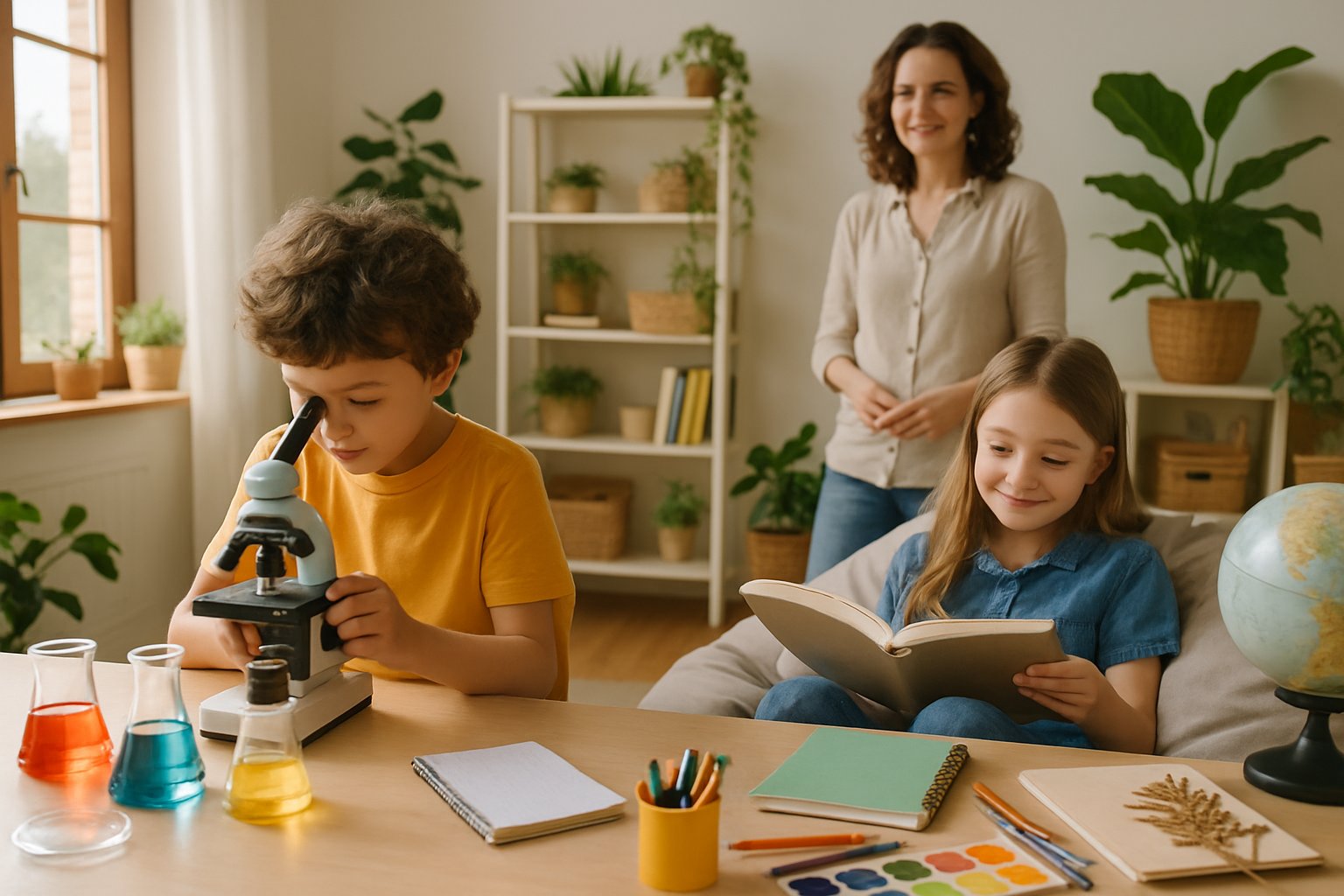 Two children learning independently at home, one doing a science experiment and the other reading, with a supportive adult nearby in a bright room.