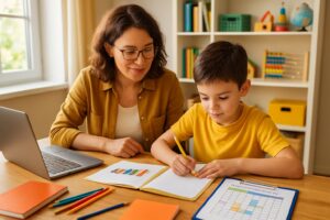 A parent and child working together on a school project at a table with learning materials and a laptop in a bright home study area.