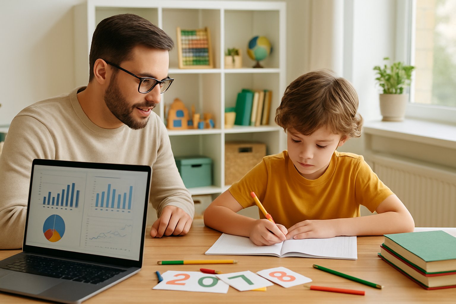 A parent and child working together at a table with educational materials and a laptop showing progress charts in a well-lit home study area.