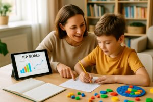 A parent and child sitting at a table working together with educational materials in a bright home setting.