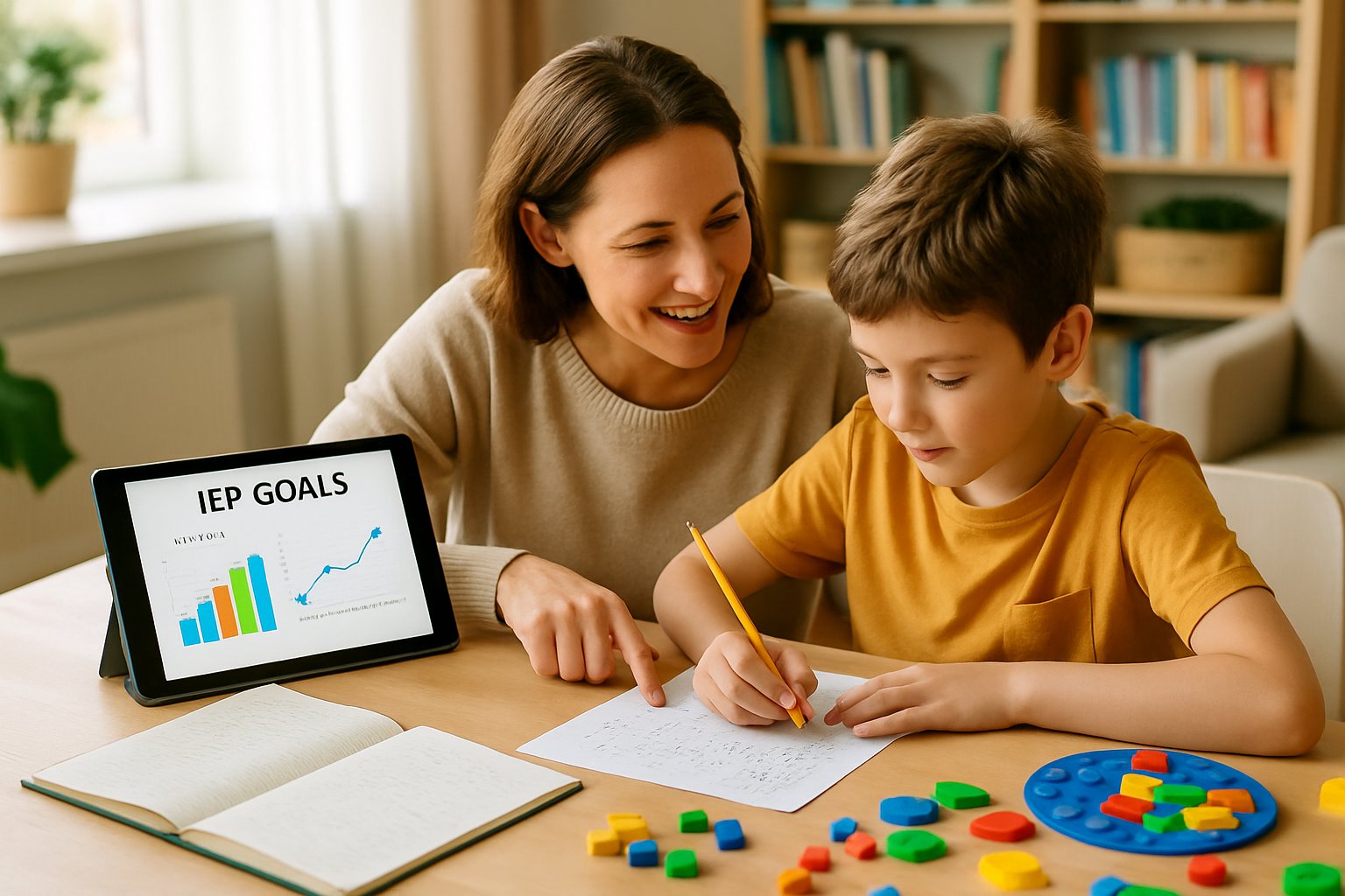 A parent and child sitting at a table working together with educational materials in a bright home setting.