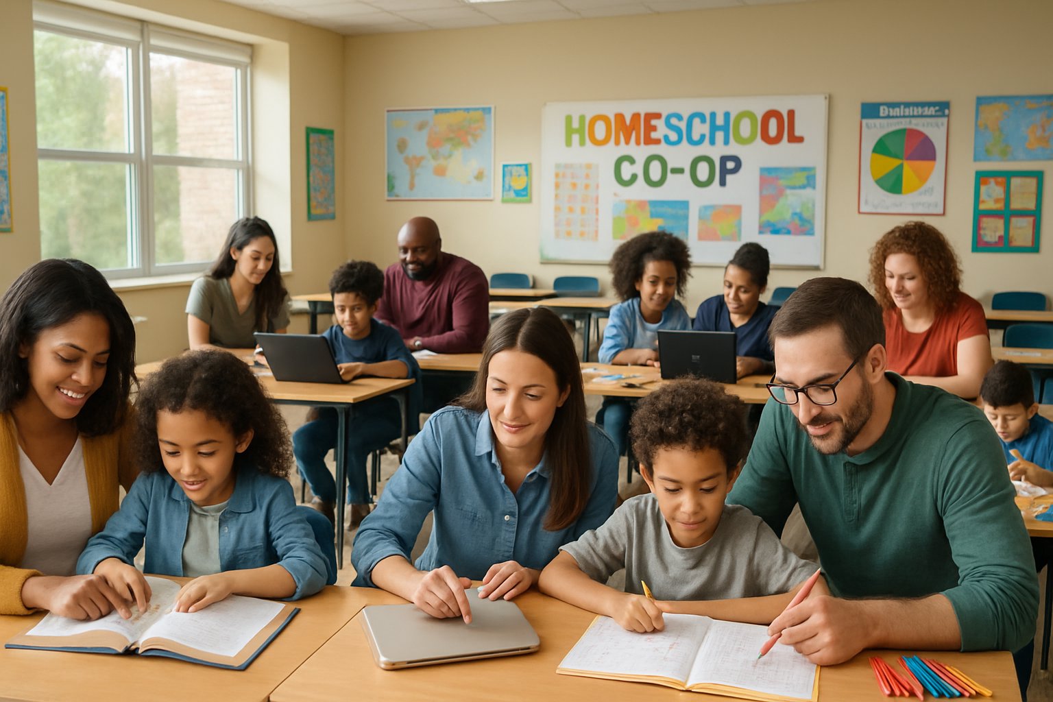 Families and children working together in a bright community room, engaged in homeschooling activities with books, laptops, and educational materials.