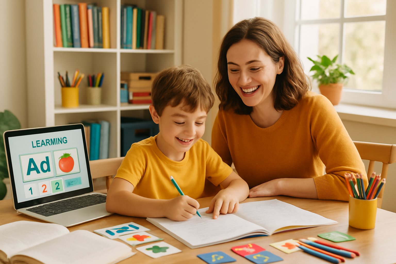 A parent and child studying together at a table with books and a laptop in a bright room filled with educational materials.