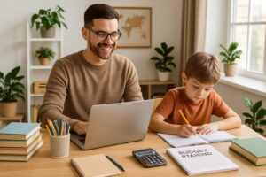 A parent and child working together at a desk with educational materials and a laptop in a bright home study area.