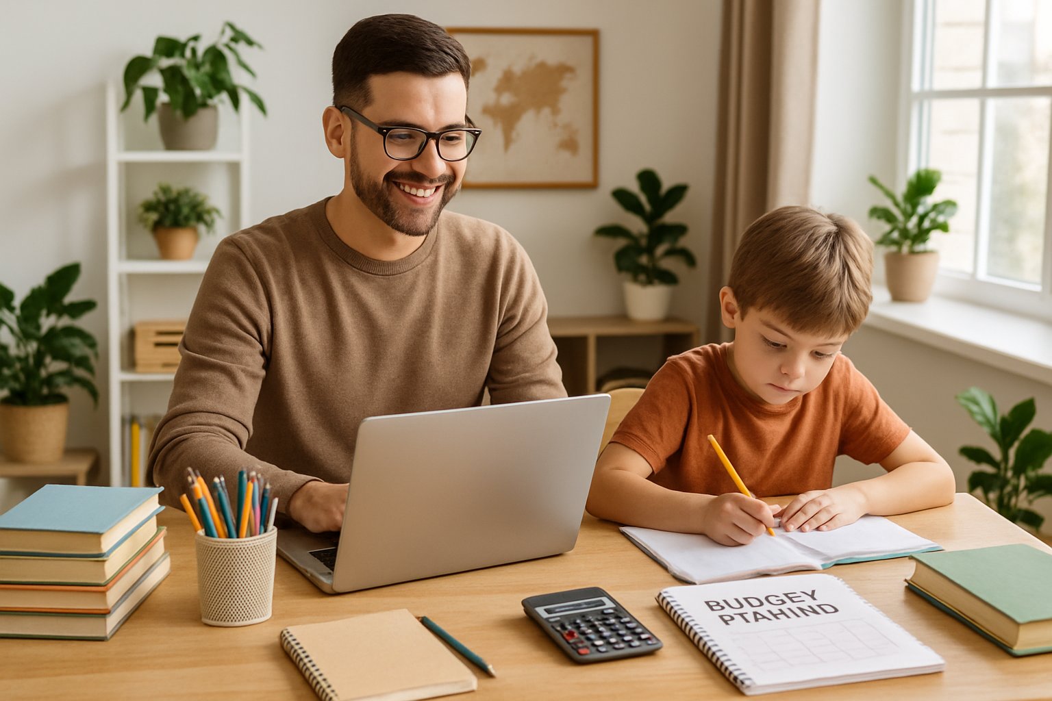 A parent and child working together at a desk with educational materials and a laptop in a bright home study area.