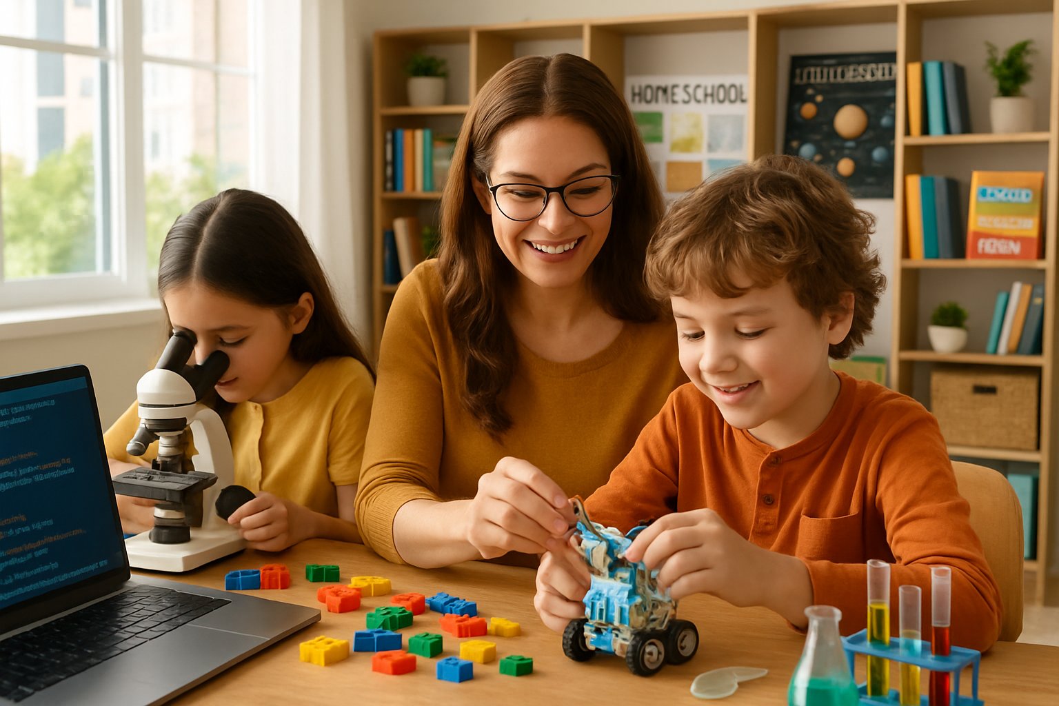 A parent and two children working together on STEM activities at a table with a laptop, building blocks, and a microscope in a bright homeschool room.