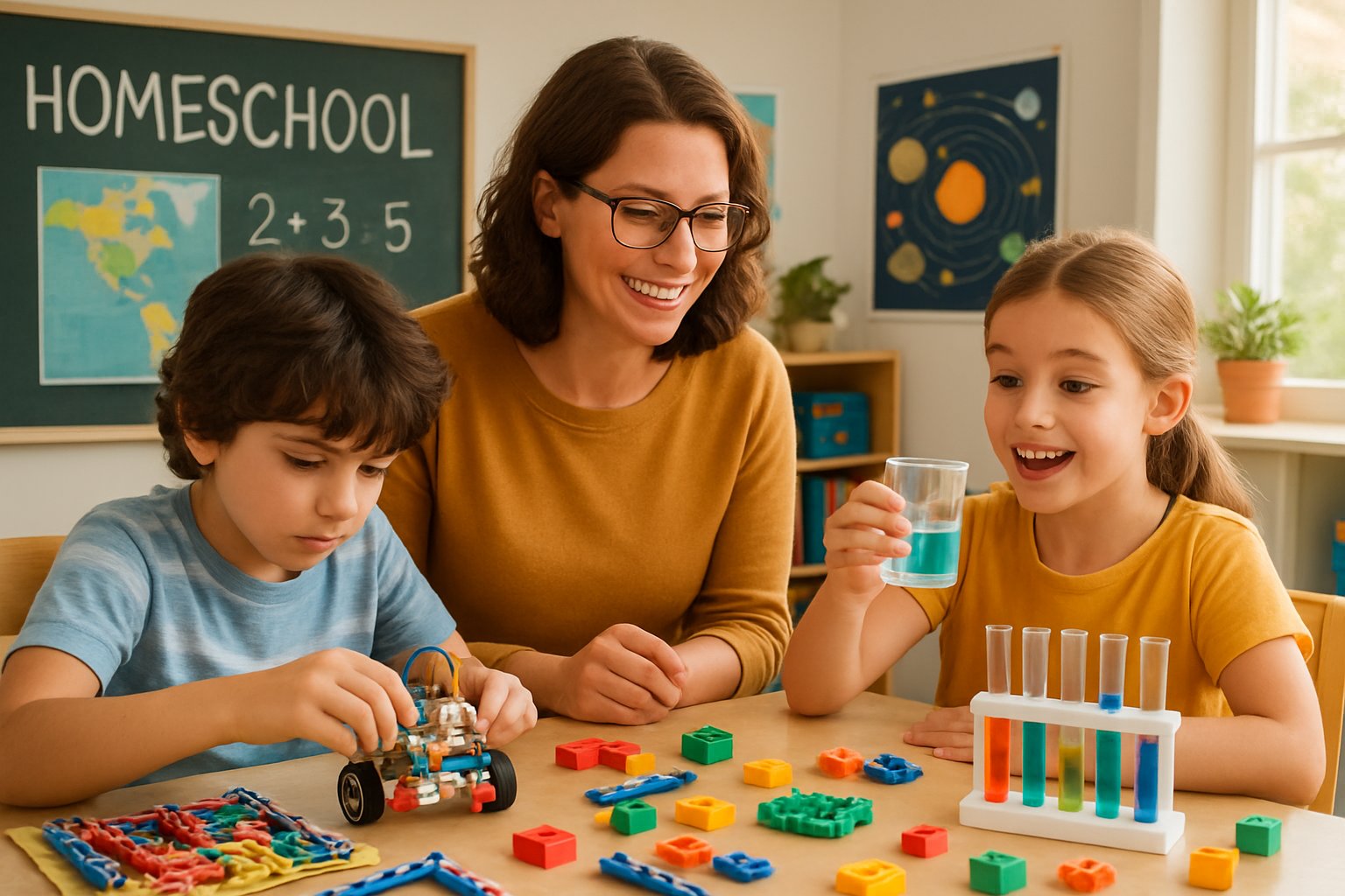 A parent and two children working together on science and engineering projects at a table filled with STEM materials in a bright homeschool room.