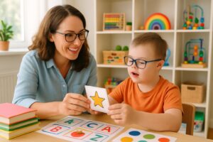 An adult and a child with special needs learning together at a table with educational materials in a bright, organized home setting.