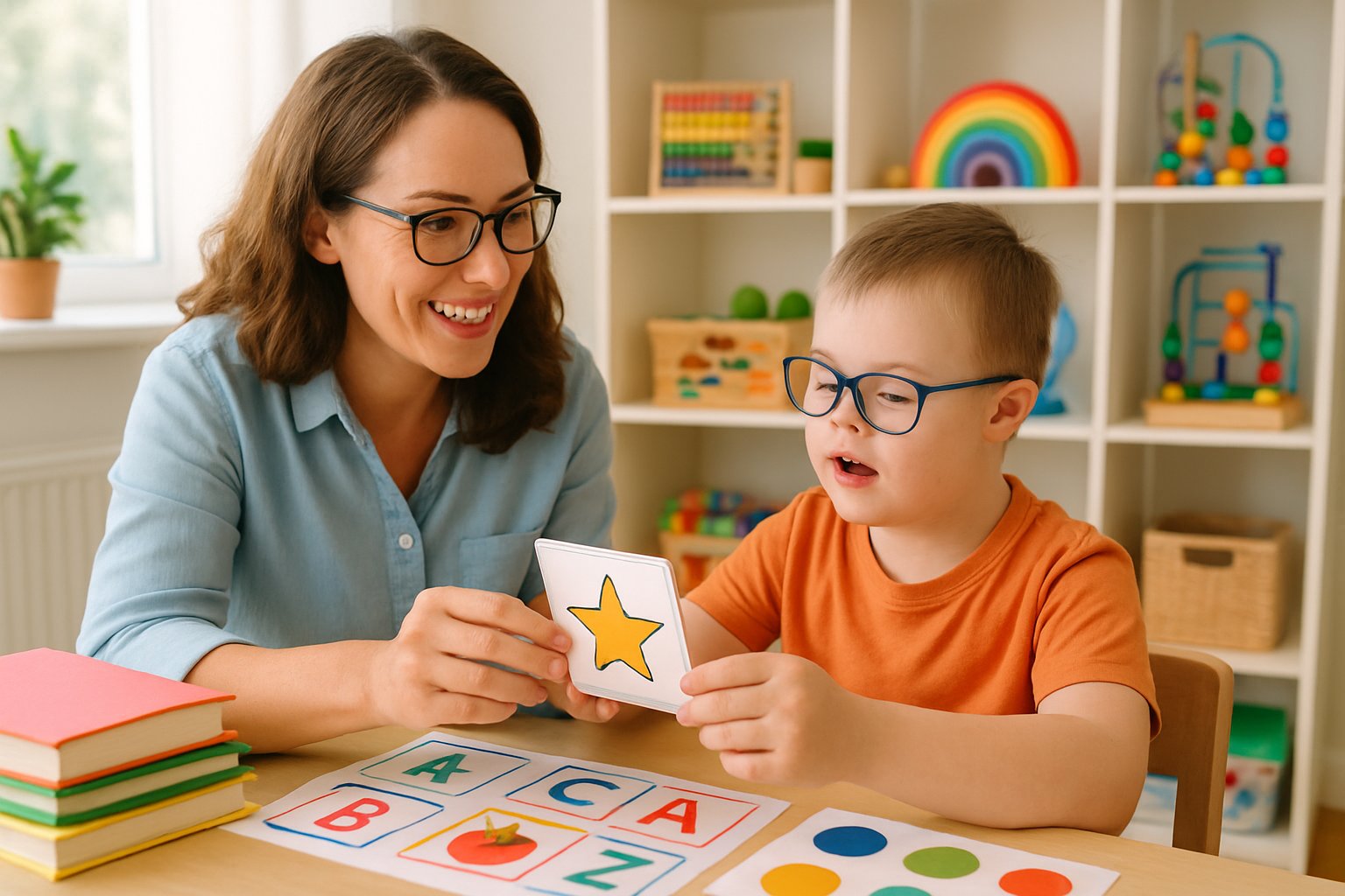 An adult and a child with special needs learning together at a table with educational materials in a bright, organized home setting.