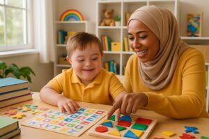A mother and her child learning together at a table in a bright, organized home setting.