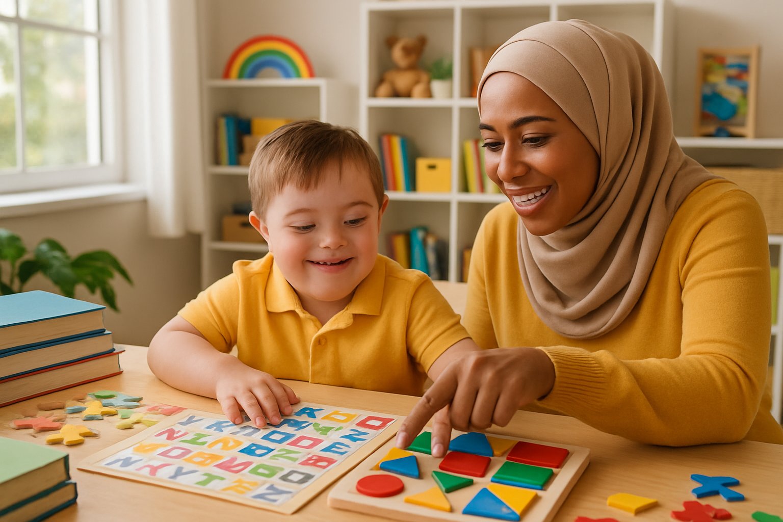 A mother and her child learning together at a table in a bright, organized home setting.
