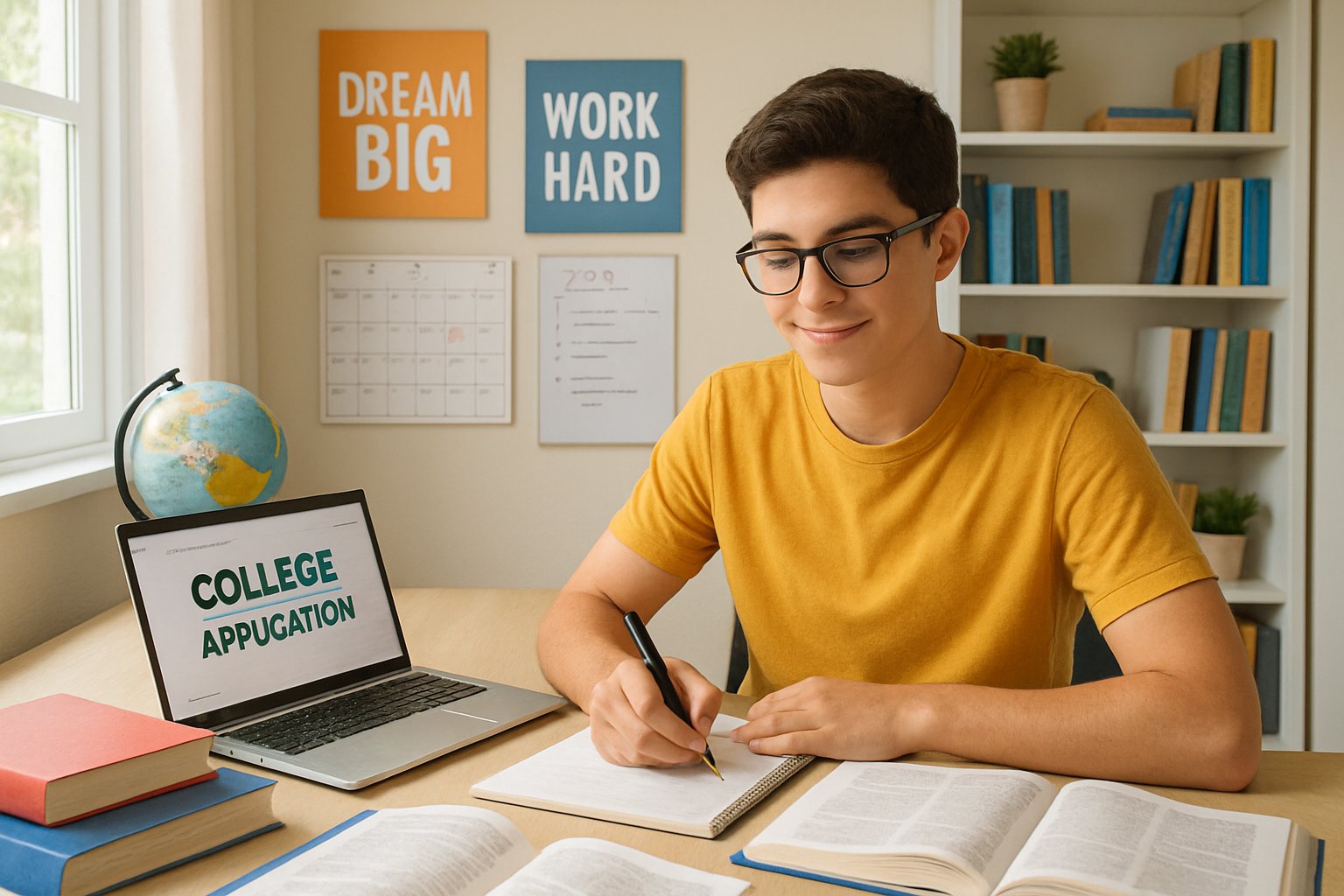 A high school student studying at a desk with books and a laptop in a bright home study room.