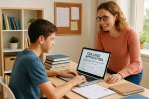 A high school student working on a laptop at a desk with textbooks and a parent offering guidance in a well-lit home study room.