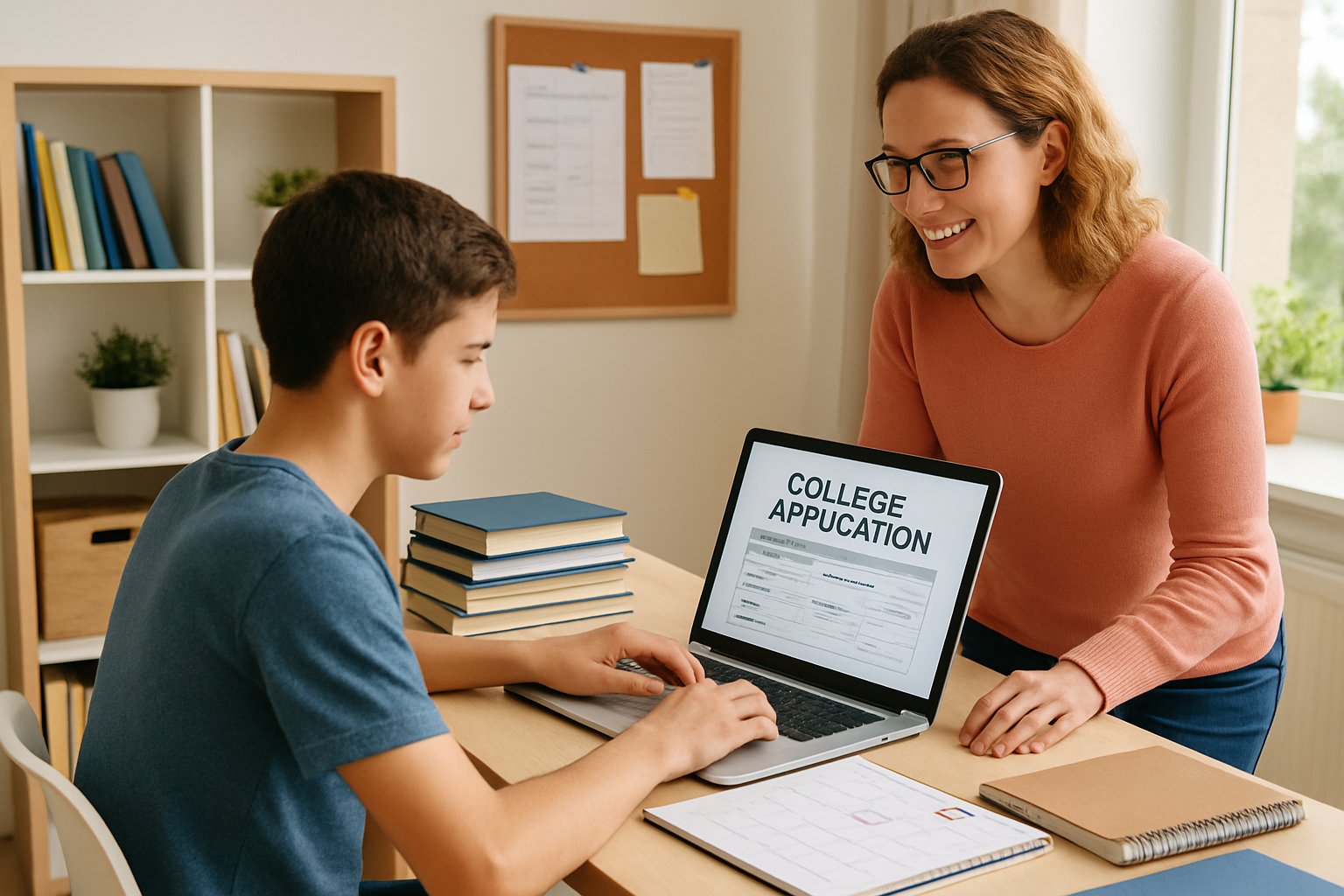 A high school student working on a laptop at a desk with textbooks and a parent offering guidance in a well-lit home study room.